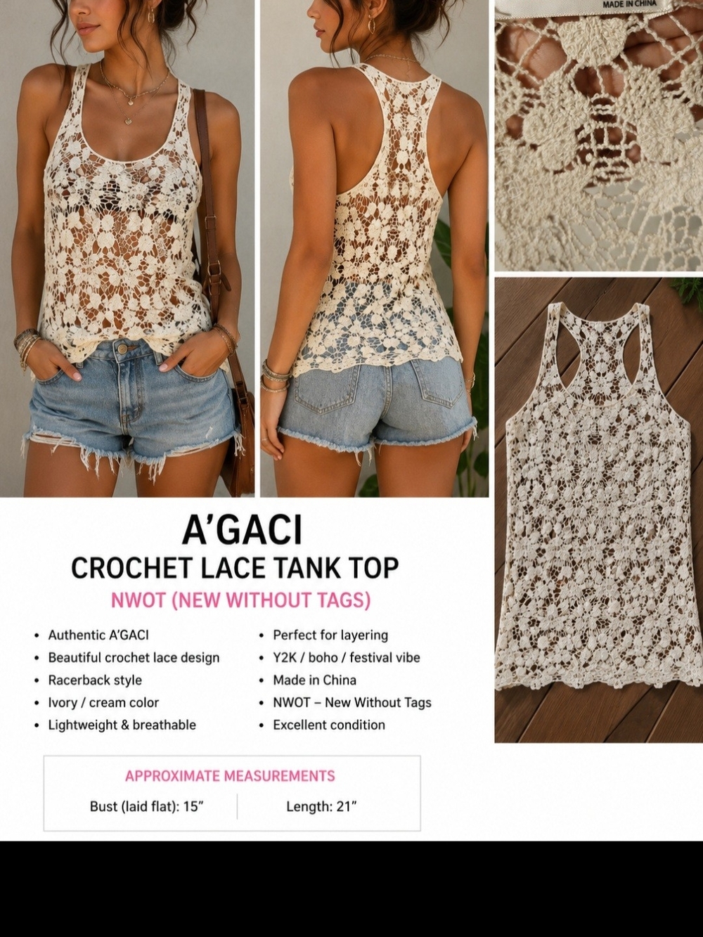 a'gaci Ivory Crochet Lace Racerback Tank